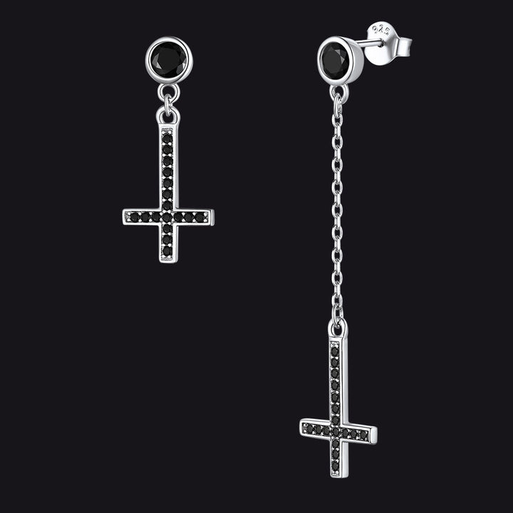 Sterling Silver Upside Down Cross Earrings with Diamond for Men