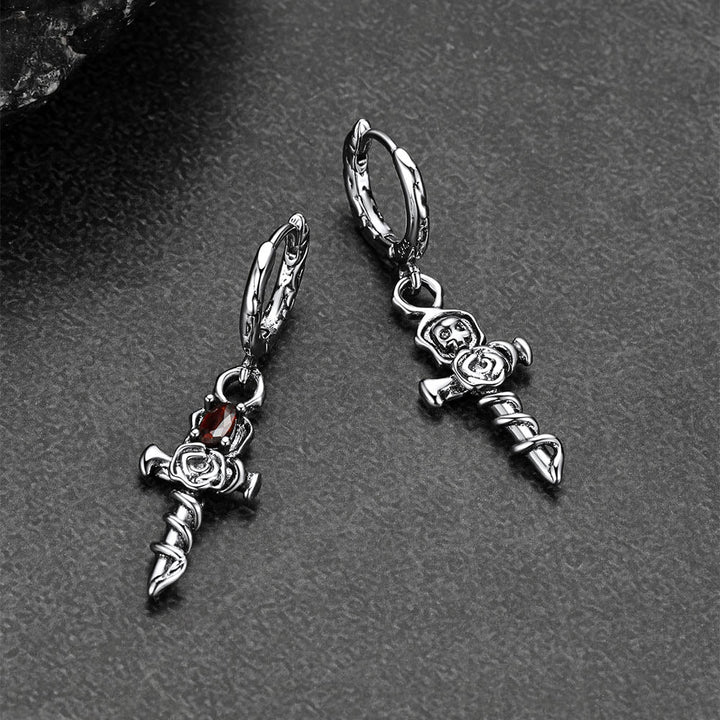 Vintage Rose Cross Drop Earrings for Men