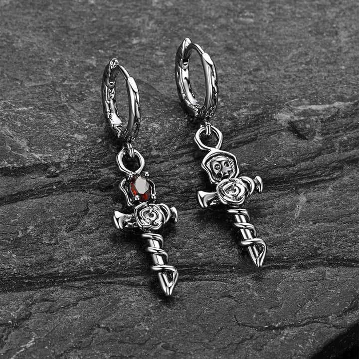 Vintage Rose Cross Drop Earrings for Men