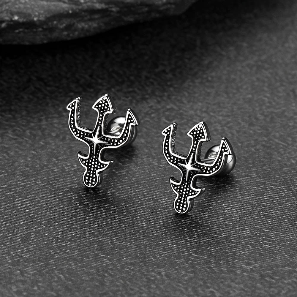 Greek Poseidon Trident Cross Stud Earrings for Men