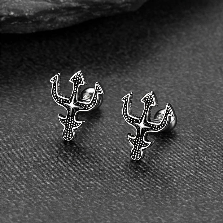 Greek Poseidon Trident Cross Stud Earrings for Men