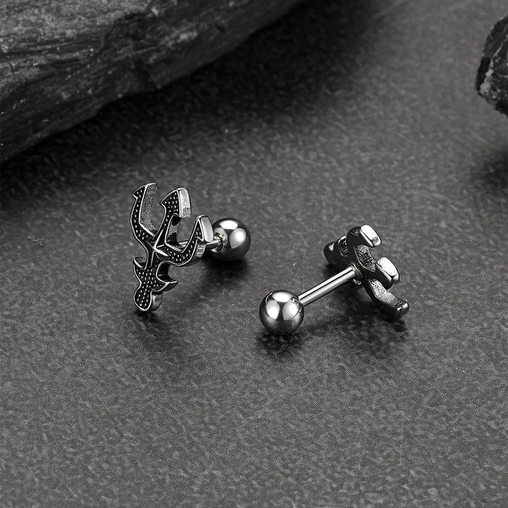 Greek Poseidon Trident Cross Stud Earrings for Men