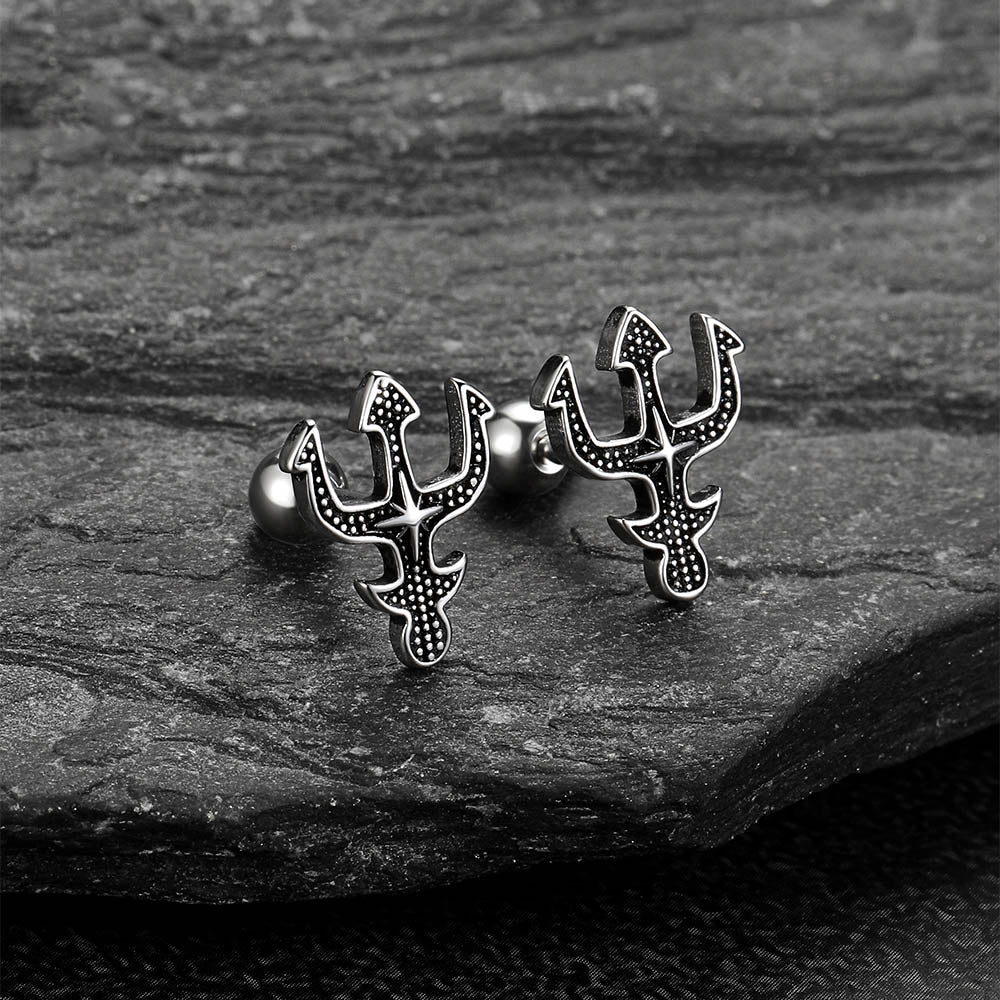 Greek Poseidon Trident Cross Stud Earrings for Men
