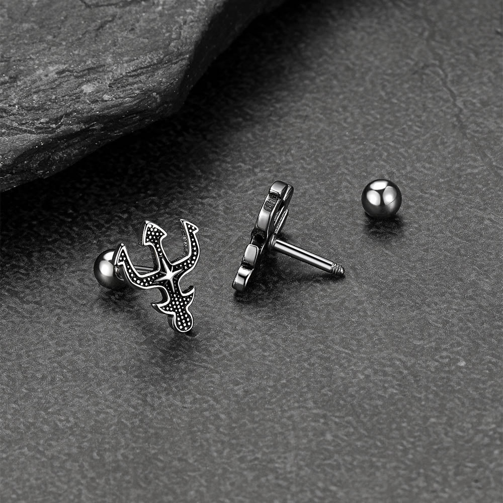 Greek Poseidon Trident Cross Stud Earrings for Men