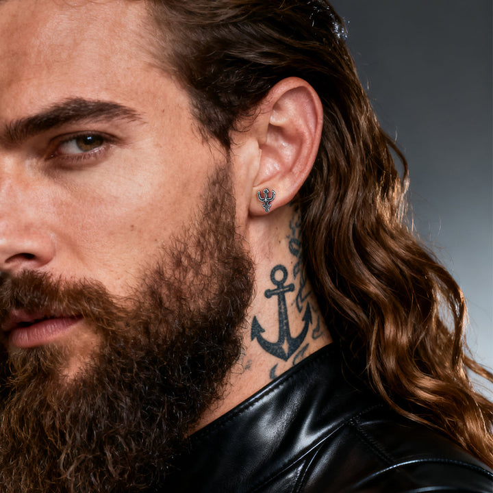 Greek Poseidon Trident Cross Stud Earrings for Men