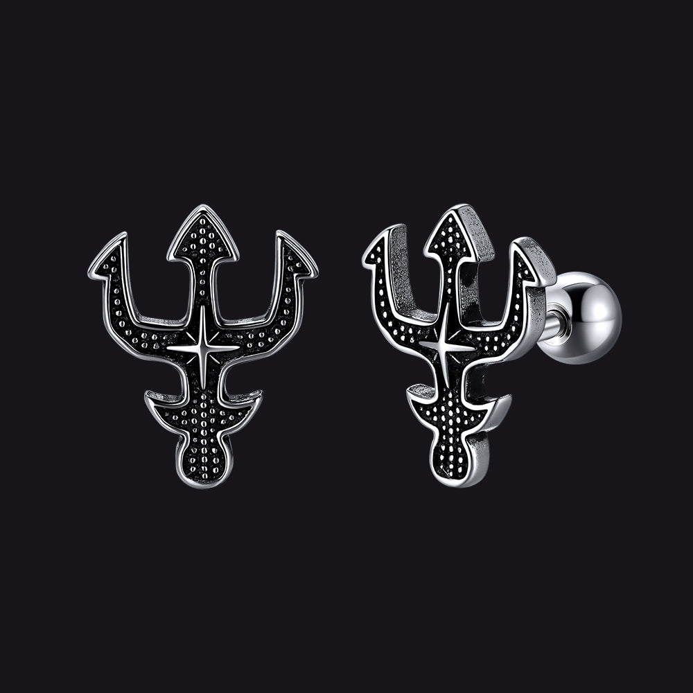 Greek Poseidon Trident Cross Stud Earrings for Men