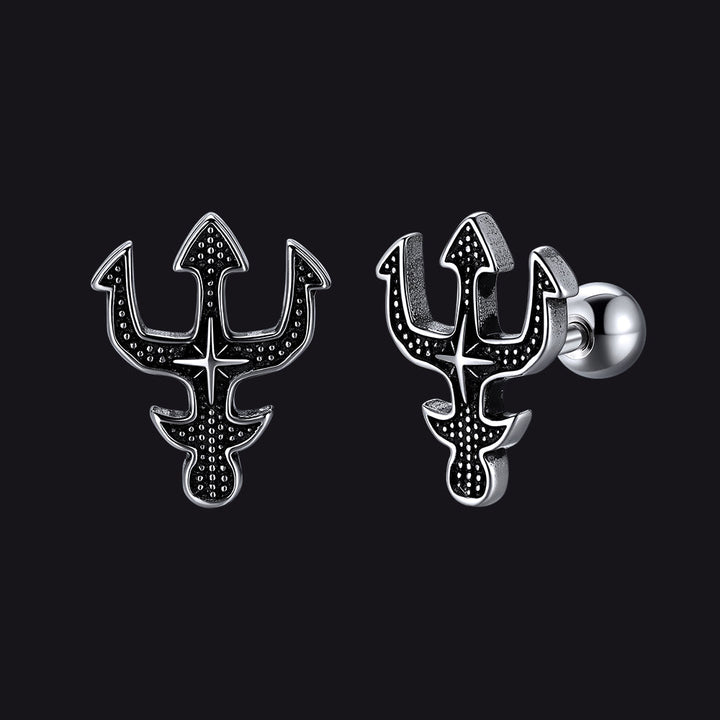 Greek Poseidon Trident Cross Stud Earrings for Men