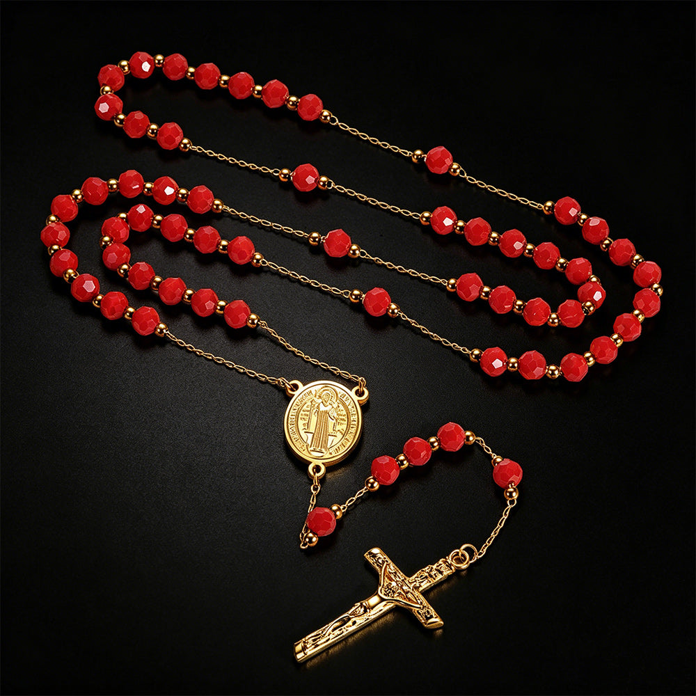 Catholic Saint Benedict Rosary Bead Necklace with Cross for Men
