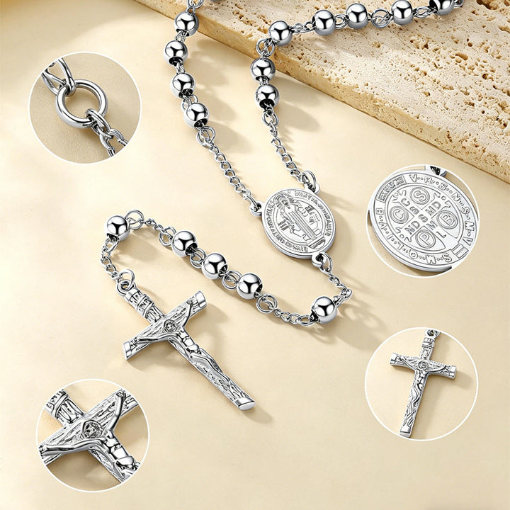 Catholic Saint Benedict Rosary Bead Necklace with Cross for Men