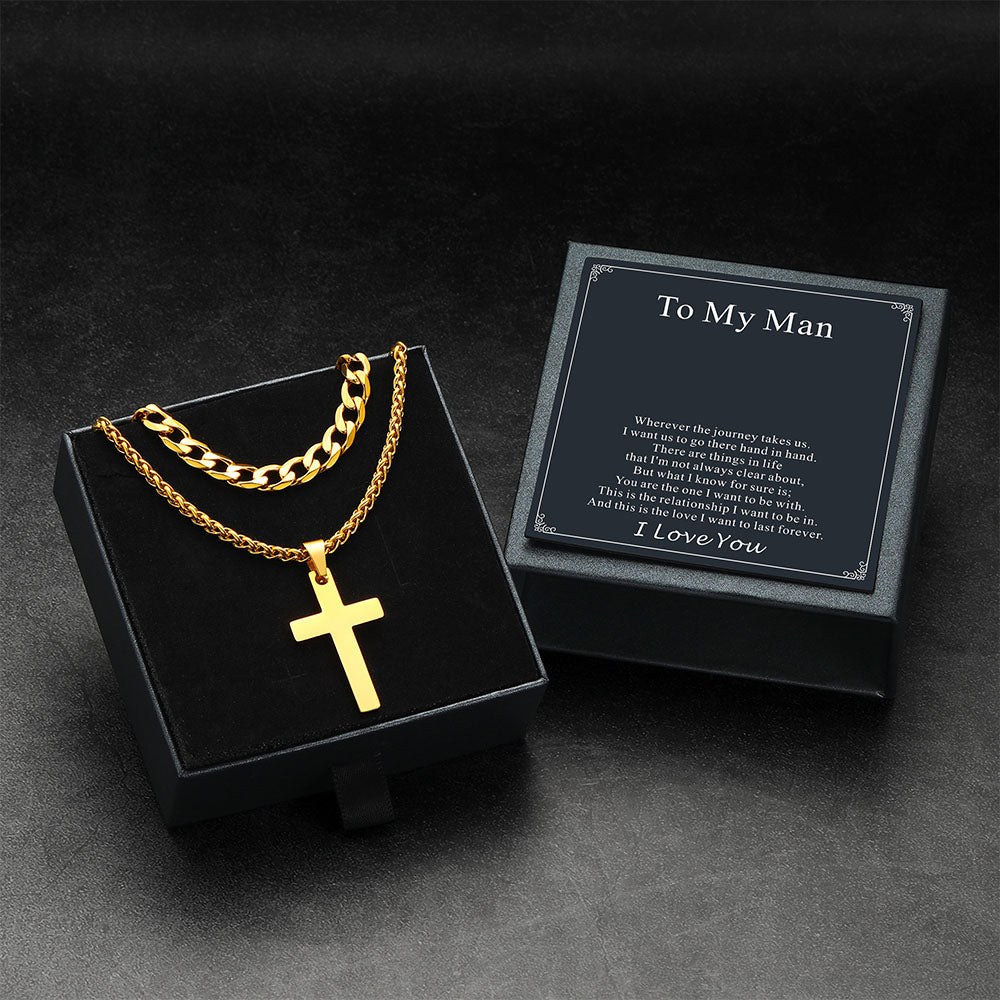 Gift for Men Cuban Chain & Cross Pendant Layered Necklace Set Birthday Gift