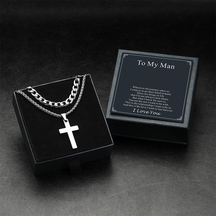 Gift for Men Cuban Chain & Cross Pendant Layered Necklace Set Birthday Gift