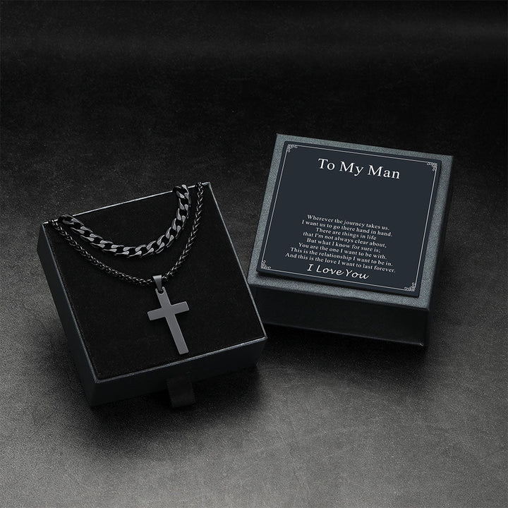 Gift for Men Cuban Chain & Cross Pendant Layered Necklace Set Birthday Gift