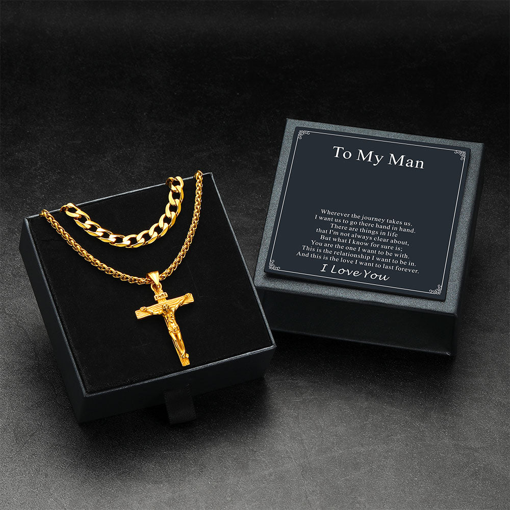 Gift for Men Jesus Cross & Cuban Chain Layered Necklace Set Birthday Gift