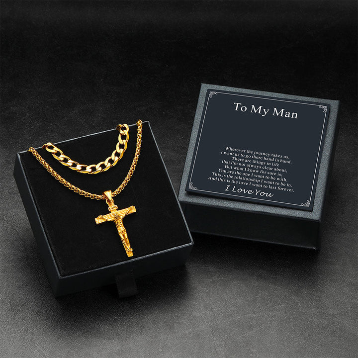 Gift for Men Jesus Cross & Cuban Chain Layered Necklace Set Birthday Gift