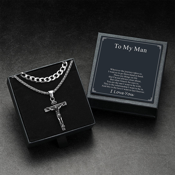 Gift for Men Jesus Cross & Cuban Chain Layered Necklace Set Birthday Gift