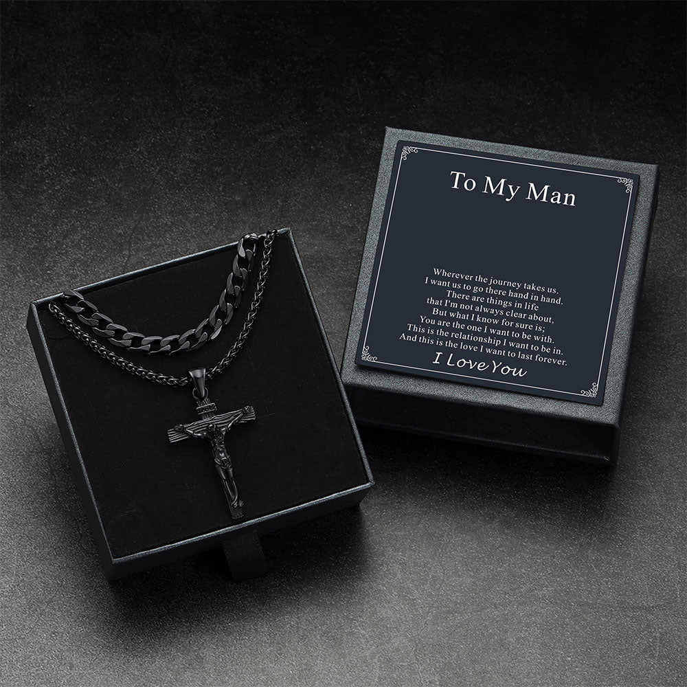 Gift for Men Jesus Cross & Cuban Chain Layered Necklace Set Birthday Gift