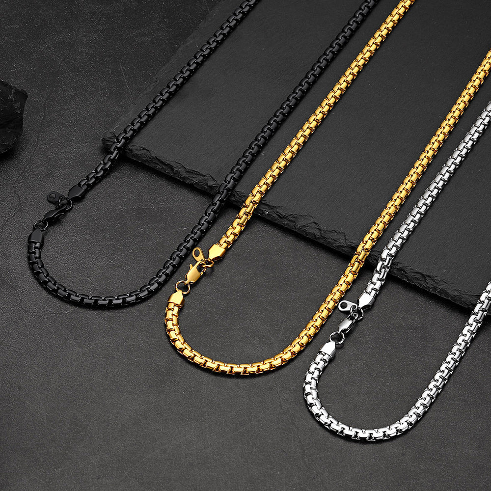 Flat Box Link Chain & Black Enamel Cross Layered Necklaces Set for Men