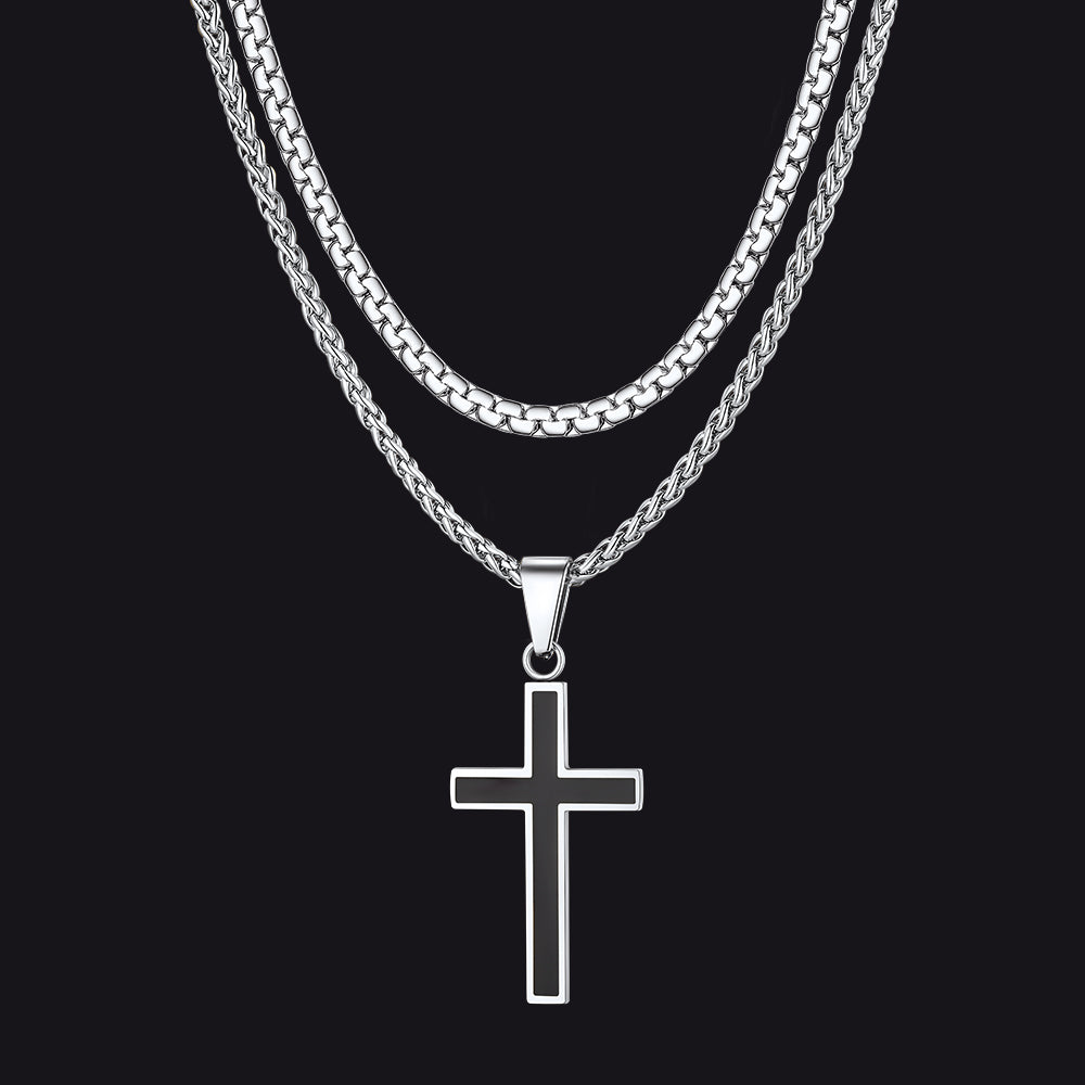 Flat Box Link Chain & Black Enamel Cross Layered Necklaces Set for Men