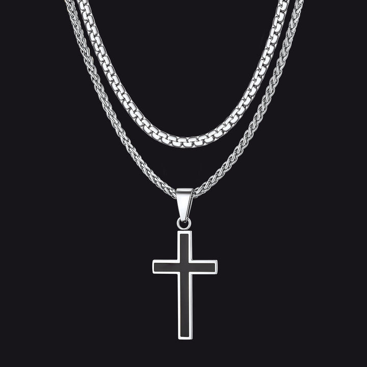 Flat Box Link Chain & Black Enamel Cross Layered Necklaces Set for Men