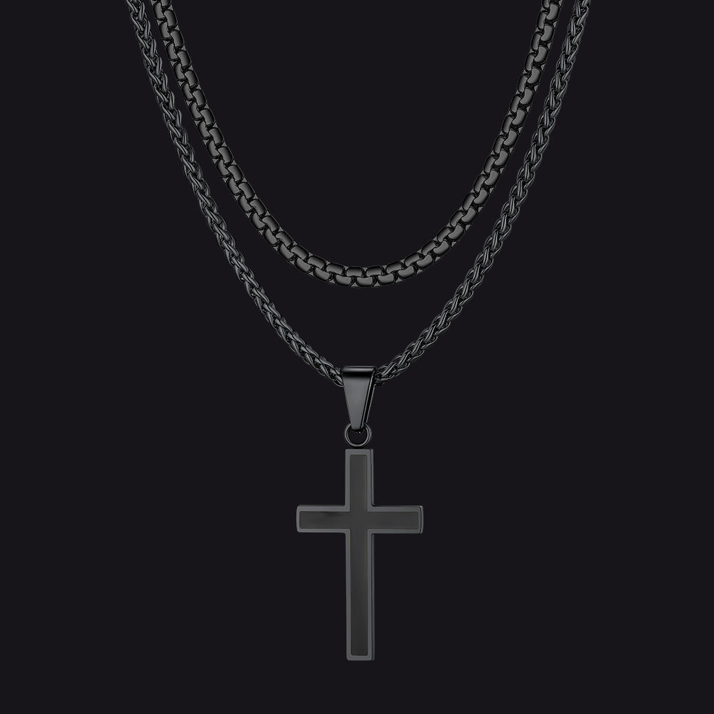 Flat Box Link Chain & Black Enamel Cross Layered Necklaces Set for Men