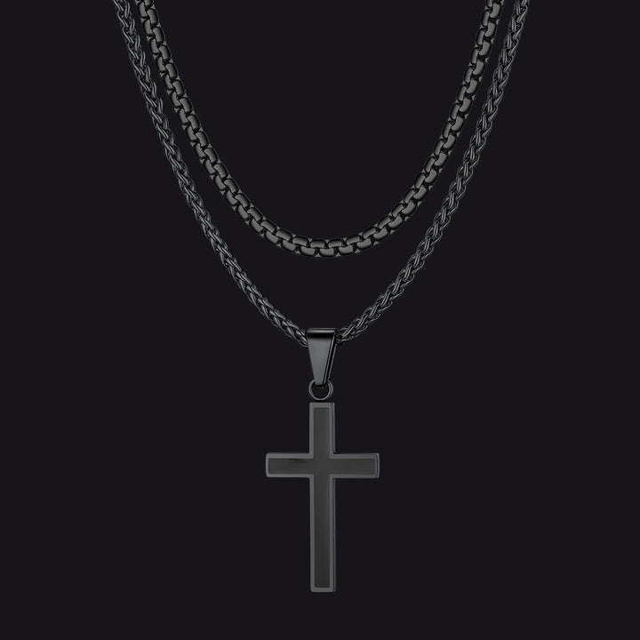 Flat Box Link Chain & Black Enamel Cross Layered Necklaces Set for Men