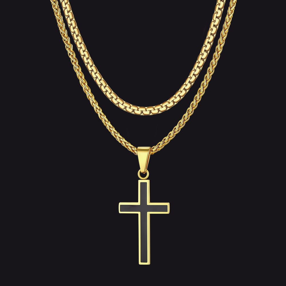 Flat Box Link Chain & Black Enamel Cross Layered Necklaces Set for Men