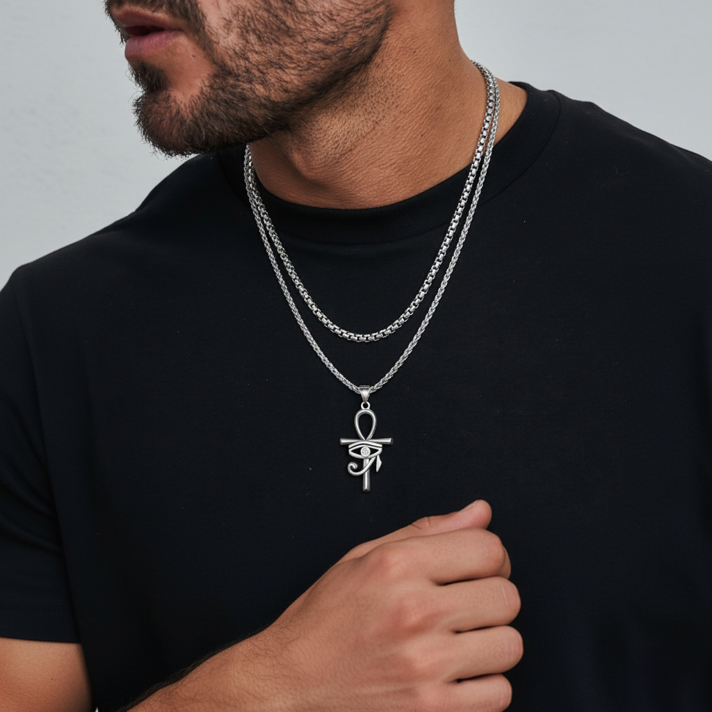 Flat Box Chain & Ankh Cross Layered Necklaces Set for Men