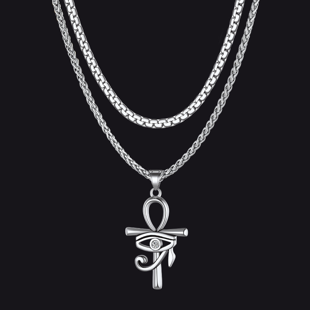 Flat Box Chain & Ankh Cross Layered Necklaces Set for Men