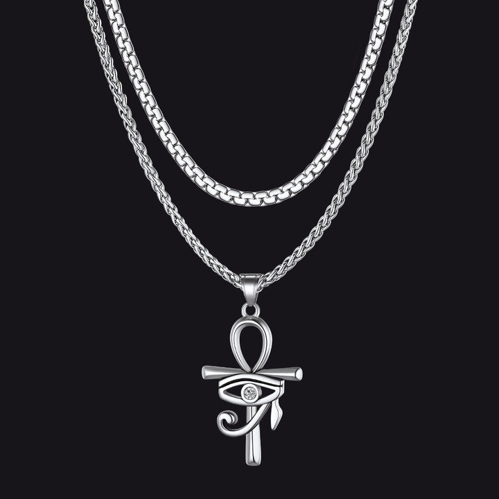 Flat Box Chain & Ankh Cross Layered Necklaces Set for Men