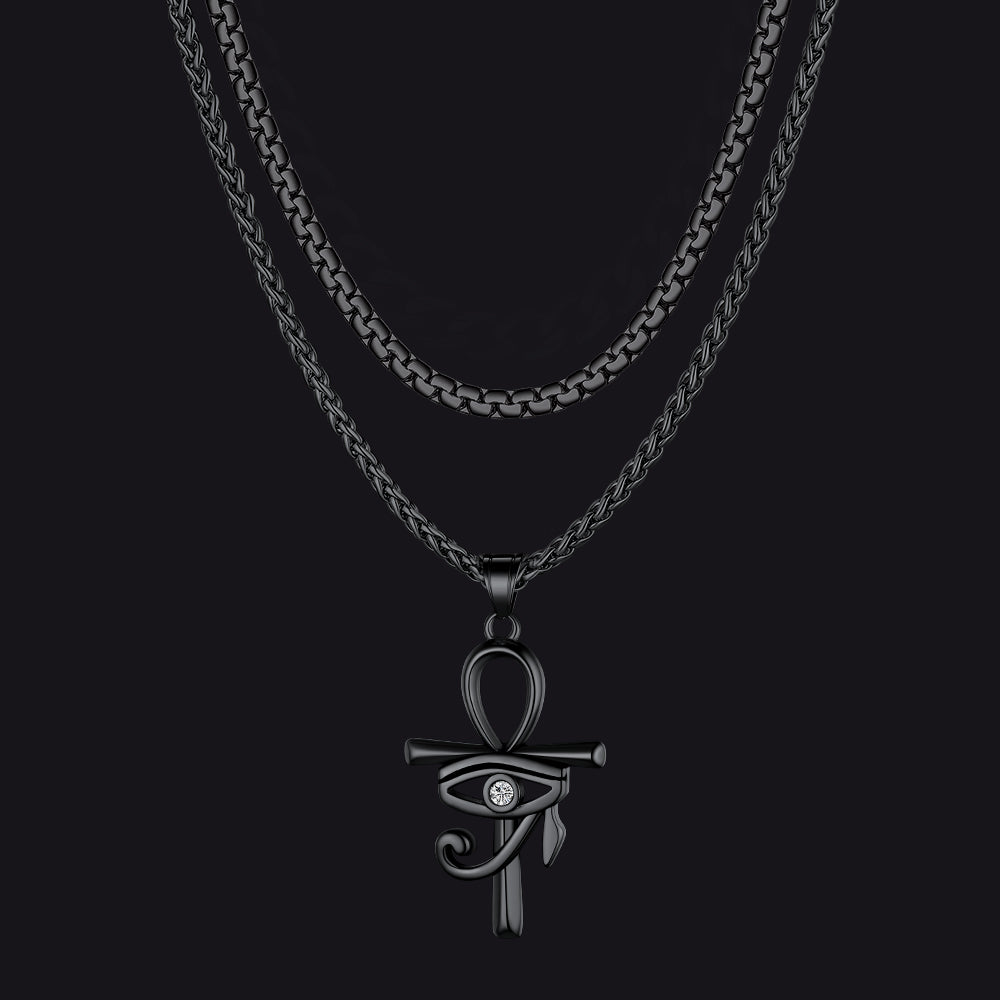 Flat Box Chain & Ankh Cross Layered Necklaces Set for Men
