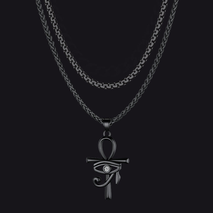 Flat Box Chain & Ankh Cross Layered Necklaces Set for Men