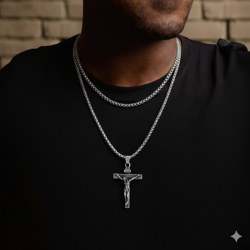 Flat Box Chain & Jesus Cross Layered Necklaces Set for Men