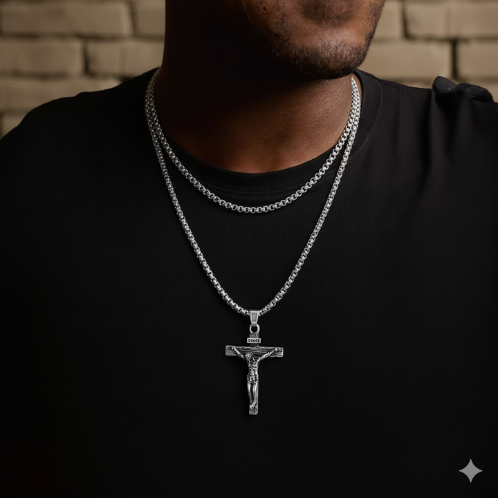 Flat Box Chain & Jesus Cross Layered Necklaces Set for Men