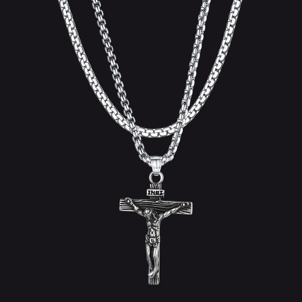 Flat Box Chain & Jesus Cross Layered Necklaces Set for Men