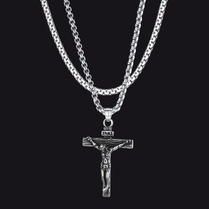 Flat Box Chain & Jesus Cross Layered Necklaces Set for Men