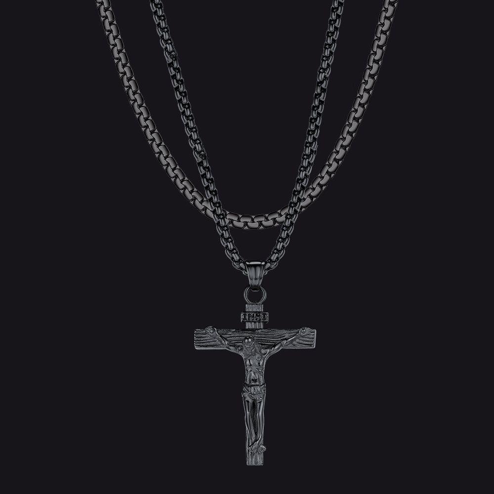 Flat Box Chain & Jesus Cross Layered Necklaces Set for Men