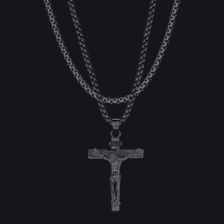 Flat Box Chain & Jesus Cross Layered Necklaces Set for Men