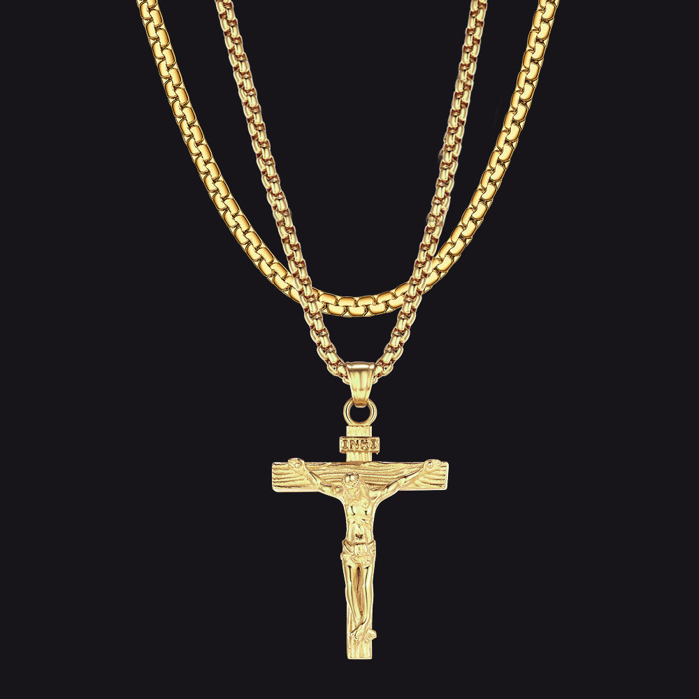 Flat Box Chain & Jesus Cross Layered Necklaces Set for Men