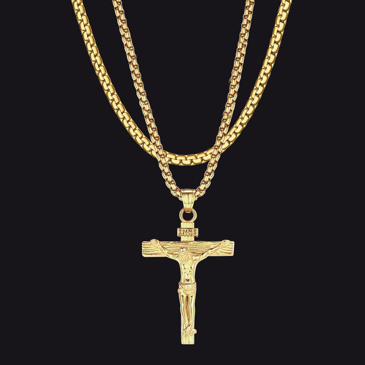 Flat Box Chain & Jesus Cross Layered Necklaces Set for Men