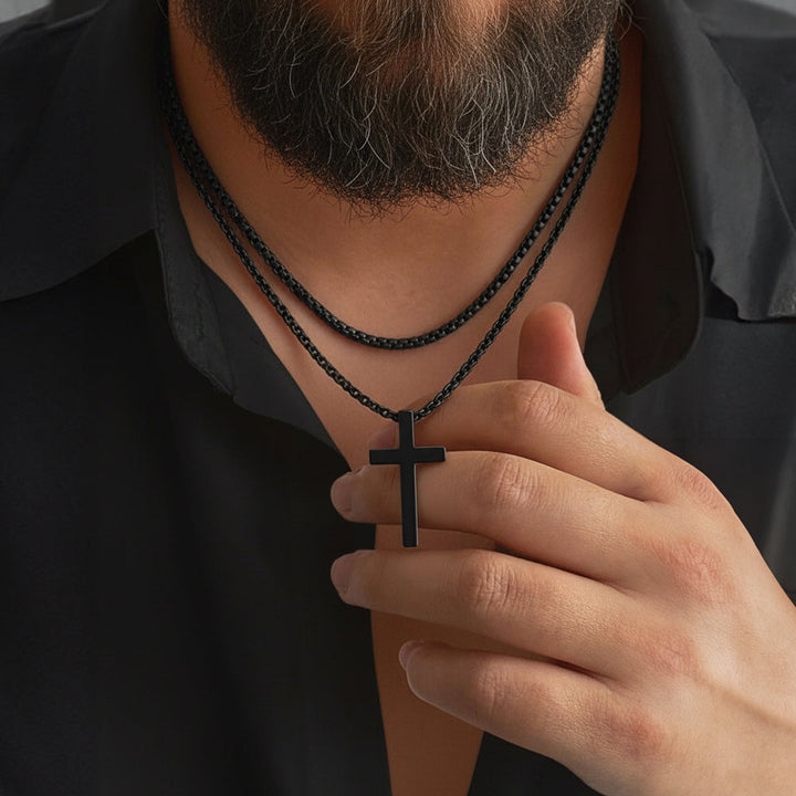 Flat Box Chain & Engraved Cross Layered Necklaces Set for Men
