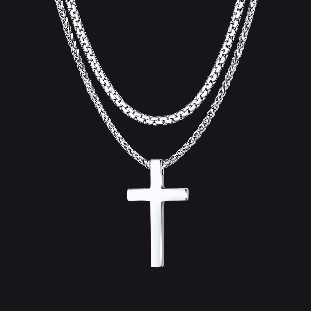 Flat Box Chain & Engraved Cross Layered Necklaces Set for Men