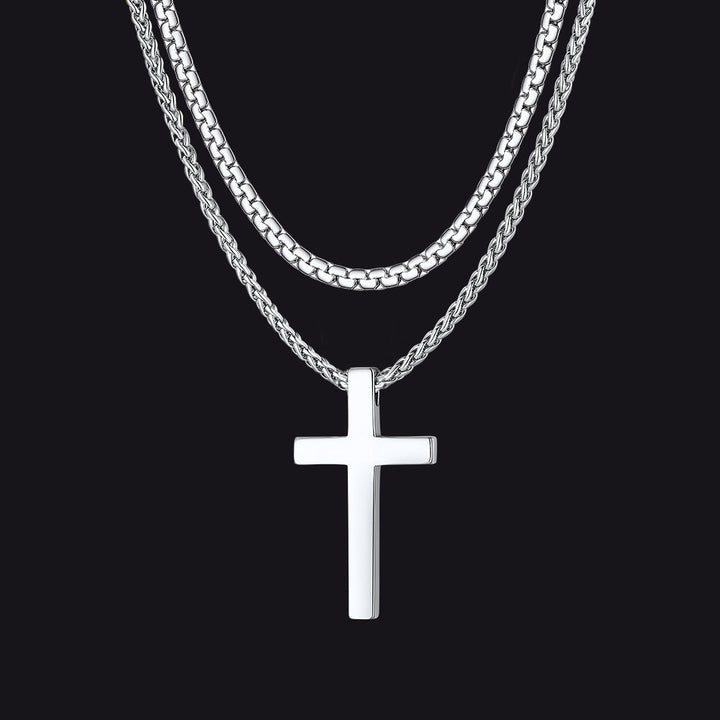 Flat Box Chain & Engraved Cross Layered Necklaces Set for Men