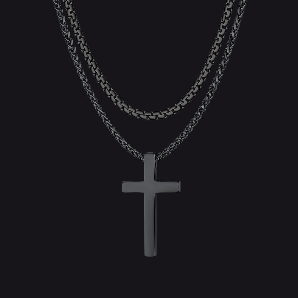Flat Box Chain & Engraved Cross Layered Necklaces Set for Men