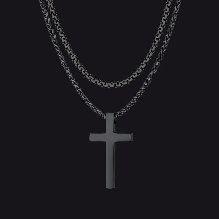 Flat Box Chain & Engraved Cross Layered Necklaces Set for Men