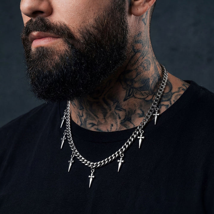 Gothic Cross and Spike Charmed Cuban Chain Necklace for Men