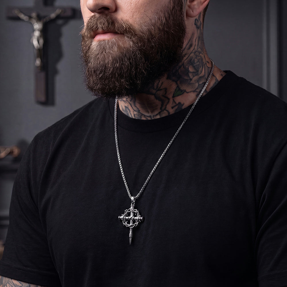 Crown of Thorns & Nail Cross Pendant Necklace for Men