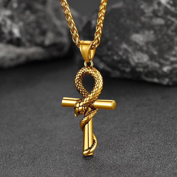Snake Ankh Cross Necklace Egyptian Pendant For Men Women