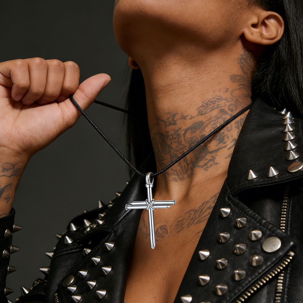 Christian Nail Cross Pendant Braided Leather Necklace for Men Dad Husband