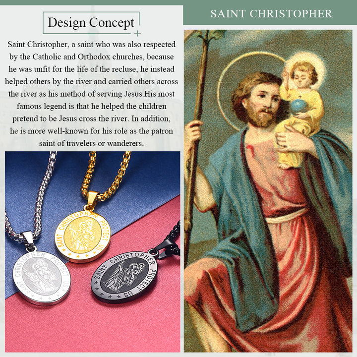Oval Christian Saint Christopher Protection Medal Necklace For Men