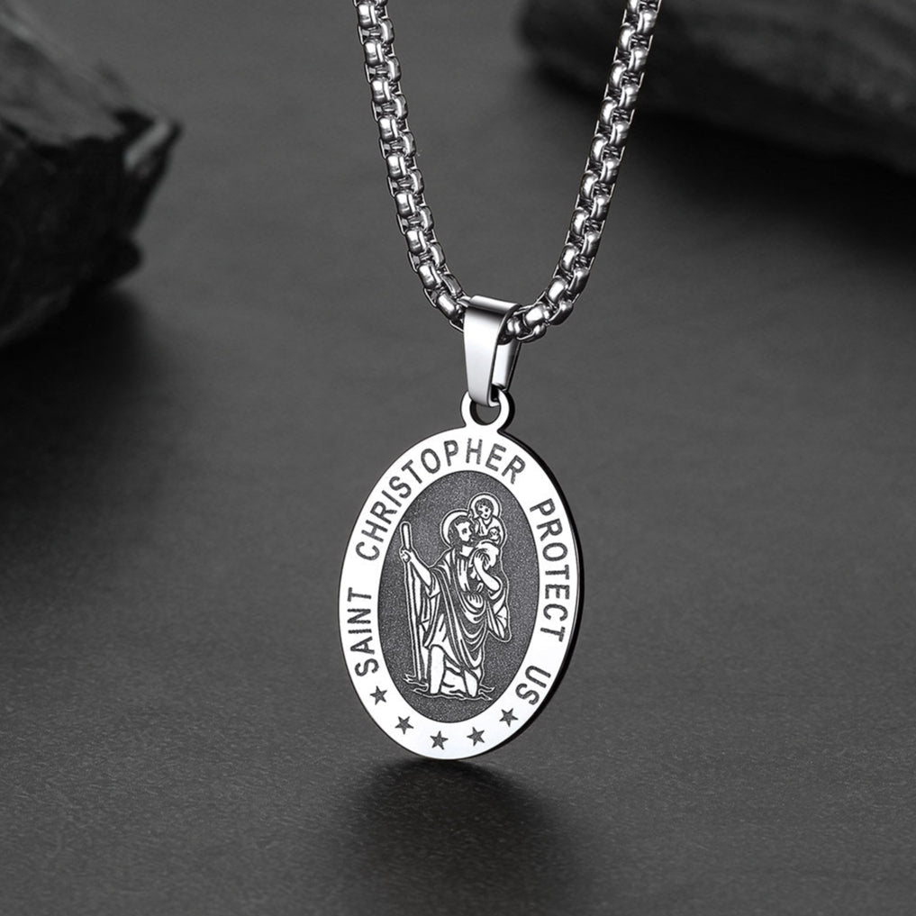 Oval Christian Saint Christopher Protection Medal Necklace For Men